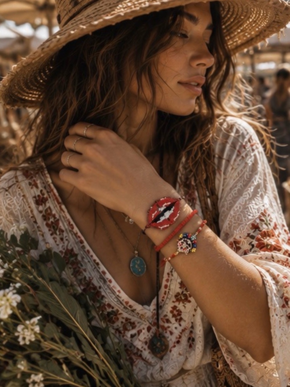 Boho Beaded Bracelet Stack – 3 Piece Set | Frida Khalo & Red Lips | Adjustable